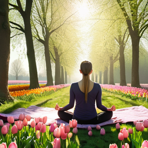 **

> A serene person meditating outdoors in a Dutch landscape, possibly near a canal or tulip field. Sunlight filters through the trees. The person is surrounded by calming, pastel colors. Depict a sense of mindfulness and peace. Use soft, realistic lighting.

**
