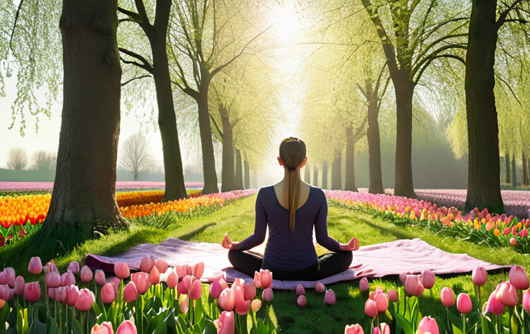 **

> A serene person meditating outdoors in a Dutch landscape, possibly near a canal or tulip field. Sunlight filters through the trees. The person is surrounded by calming, pastel colors. Depict a sense of mindfulness and peace. Use soft, realistic lighting.

**